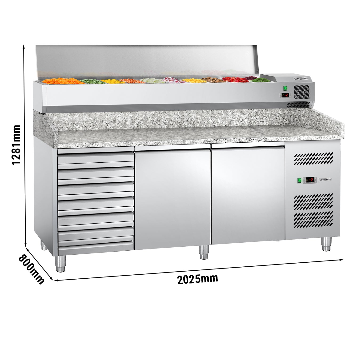 ECO pizza cooling table - 2.0 x 0.8 m - with 2 doors and 7 neutral drawers