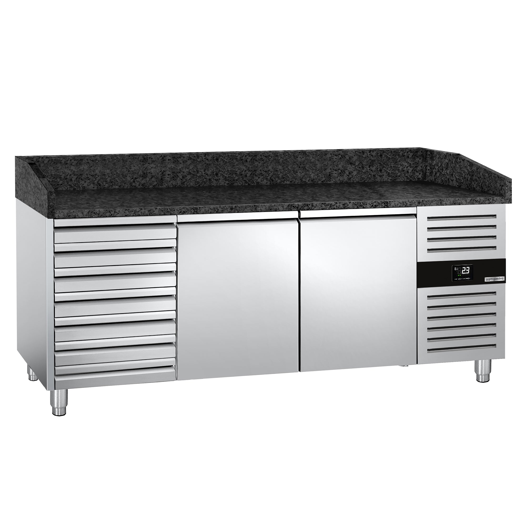 Refrigerated pizza table PREMIUM 2.0 x 0.8 m - with 2 doors and 7 neutral drawers