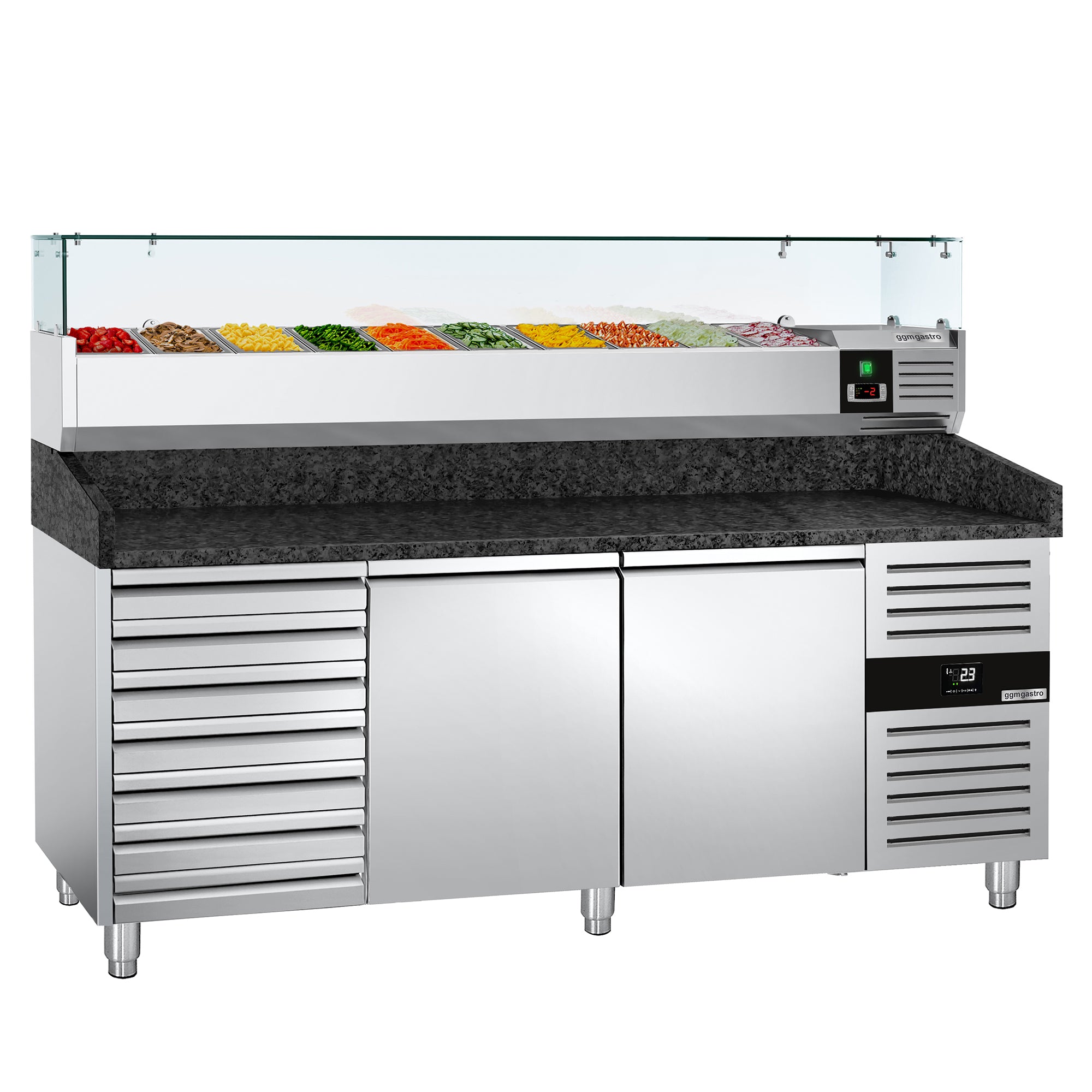 Refrigerated pizza table PREMIUM 2.0 x 0.8 m - with 2 doors and 7 neutral drawers