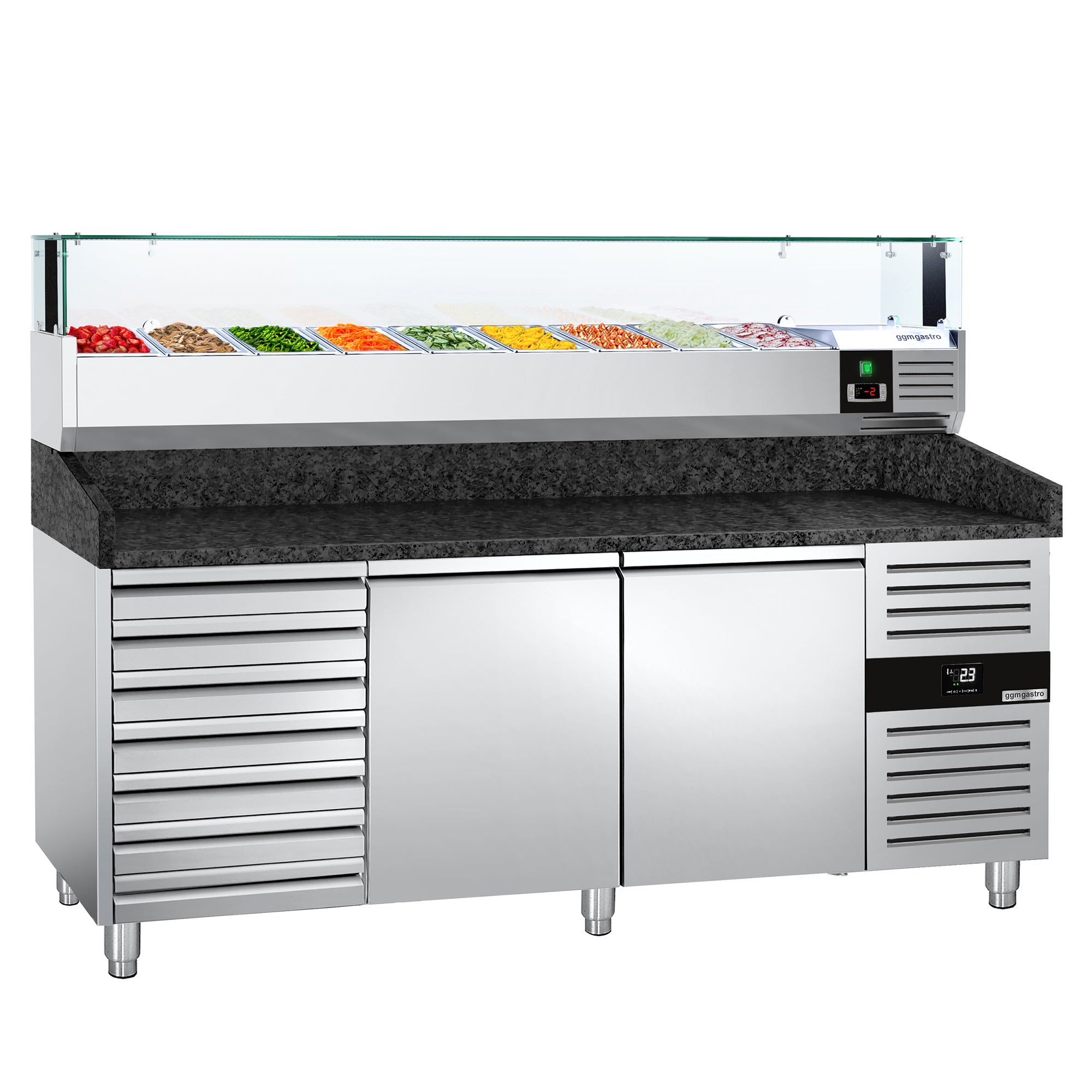 Refrigerated pizza table PREMIUM 2.0 x 0.8 m - with 2 doors and 7 neutral drawers