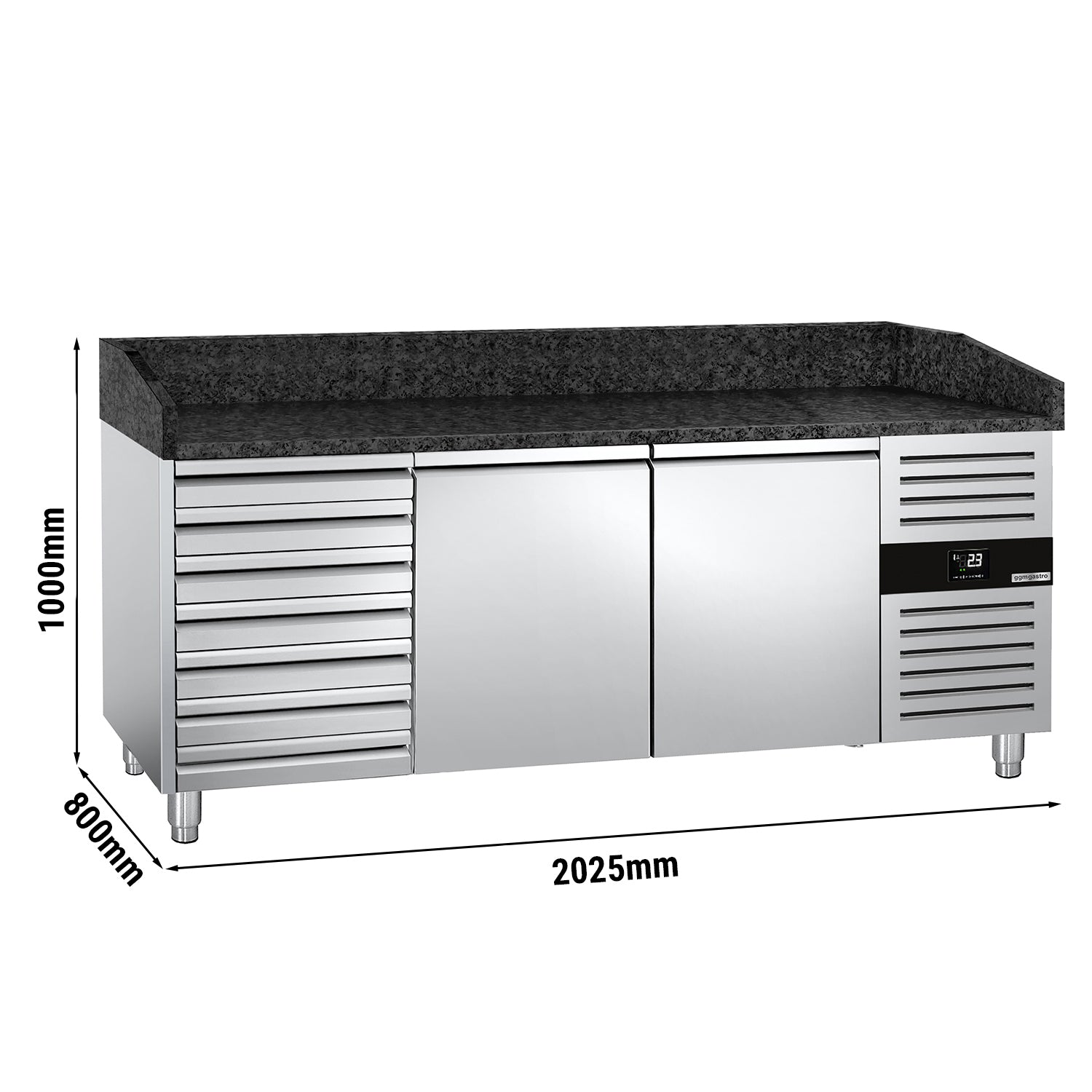 Refrigerated pizza table PREMIUM 2.0 x 0.8 m - with 2 doors and 7 neutral drawers