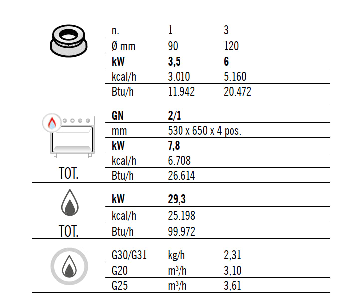 Газова печка 4x котлона (21,5 kW) + газова фурна (7,8 kW)