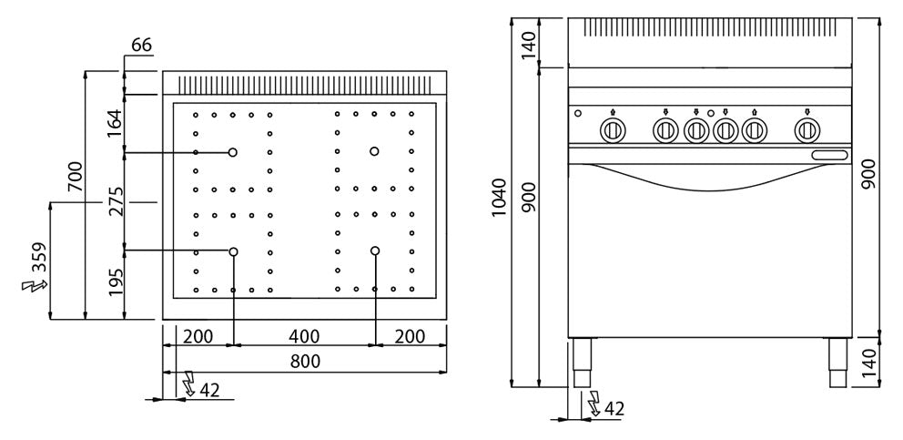 4х инфрачервени котлони (12,8 kW) + електрическа статична фурна (7,5 kW)