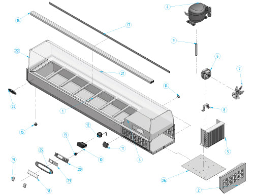 Refrigerated showcase / salad bar 1.7 x 0.35 m - for 7x GN 1/4 containers