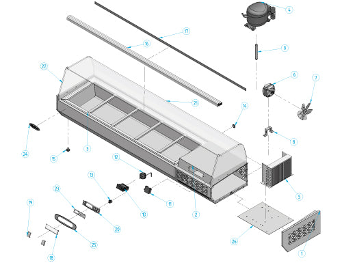 Refrigerated showcase / salad bar 1.7 x 0.41 m - for 6 x GN 1/3 containers