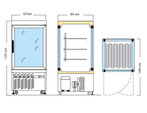 Panoramic freezer showcase with 3 grid shelves