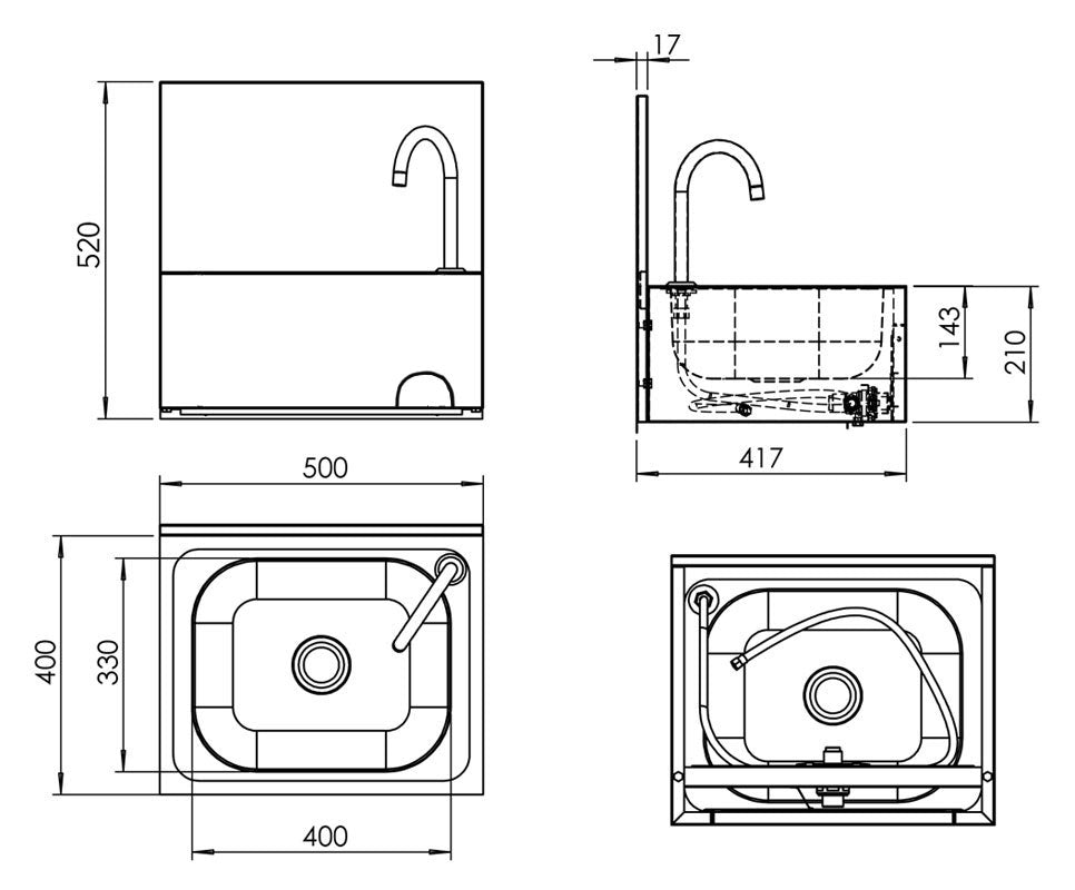 Hand wash basin 50 x 40 cm with mixer tap (cold and hot water connection)