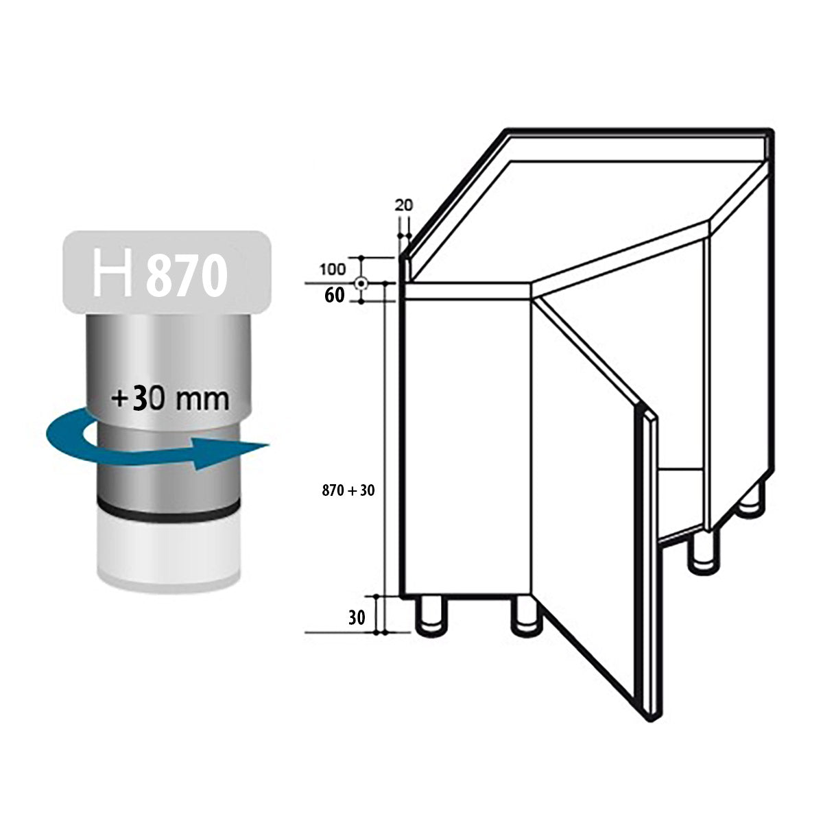 Corner work cabinet PREMIUM - with 1 double door and edging