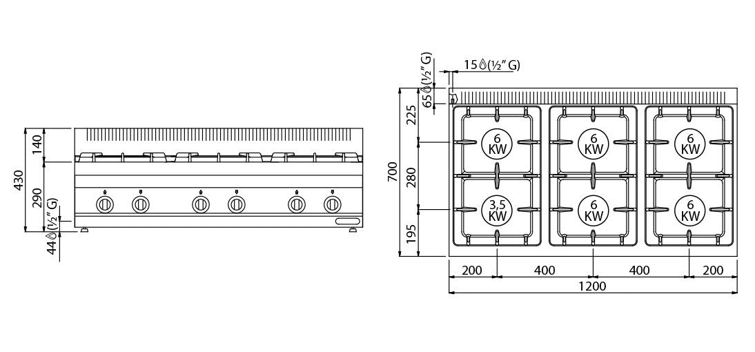 Gas hob with 6 burners (36 kW) with pilot flame + base