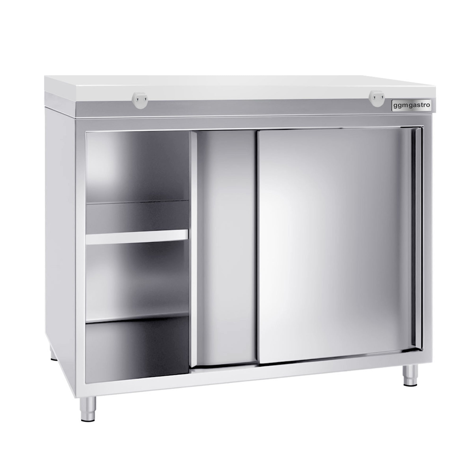 Work cabinet in stainless steel PREMIUM - 1.0 m - with sliding door - incl. cutting board in white