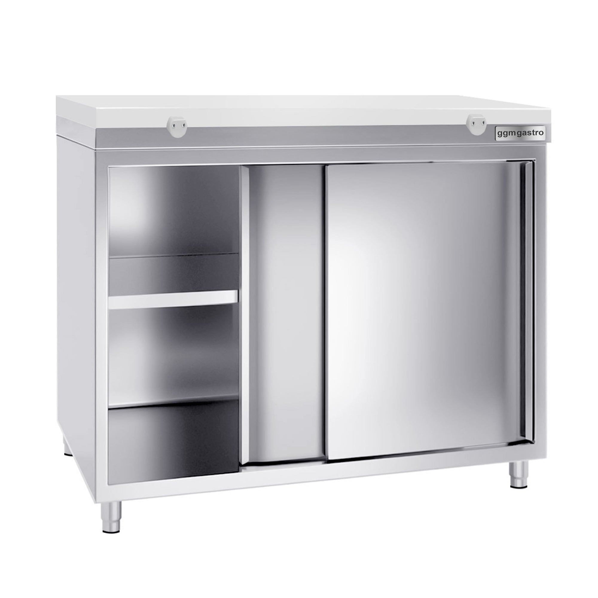 Работен шкаф от неръждаема стомана - 1,0 м - с плъзгаща се врата - включително дъска за рязане в бяло