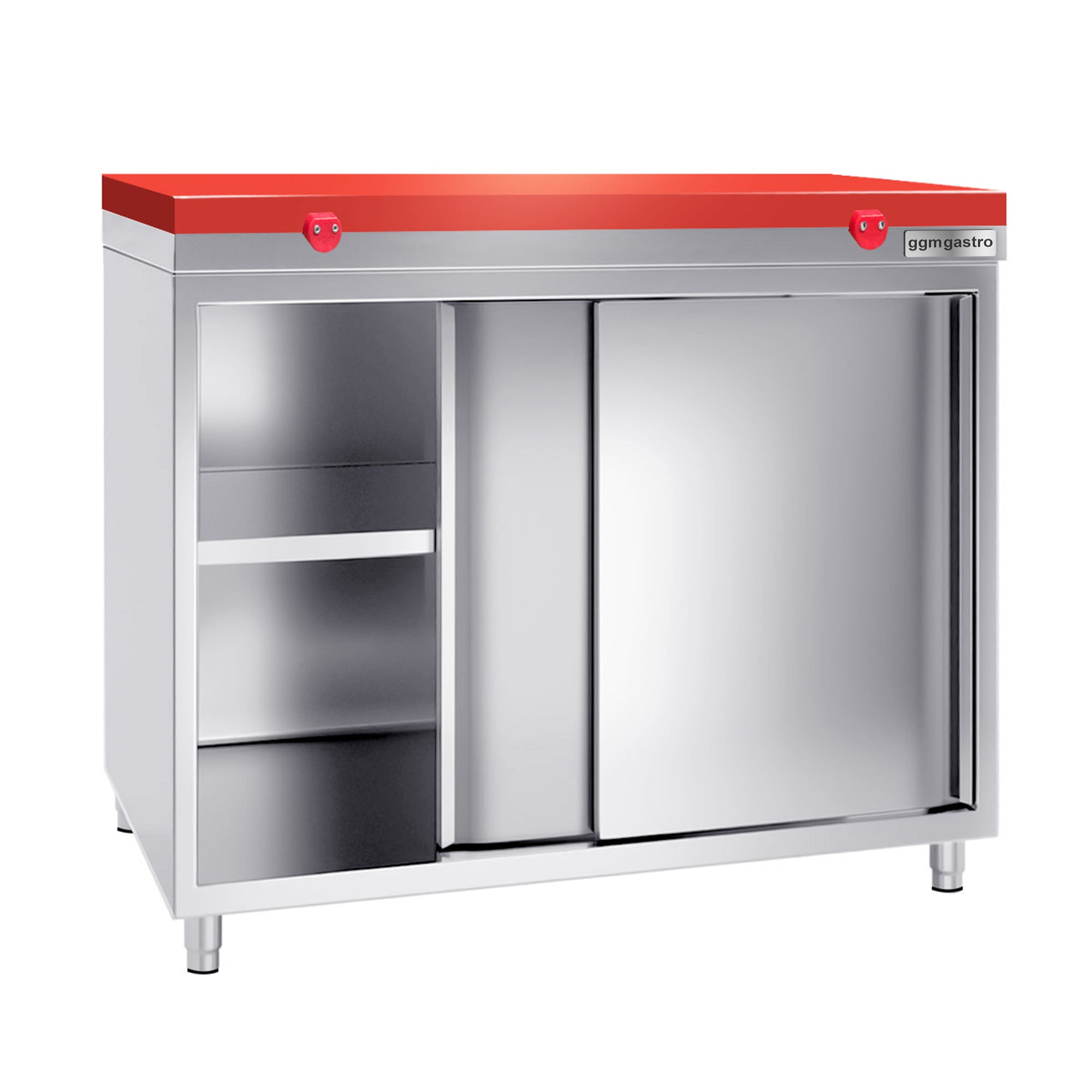 Работен шкаф от неръждаема стомана PREMIUM - 1,0 м - с плъзгаща се врата - вкл. дъска за рязане в червено
