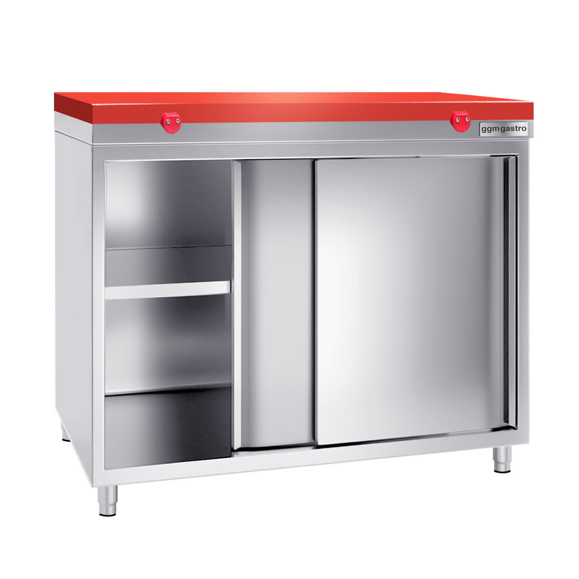 Work cabinet in stainless steel PREMIUM - 1.0 m - with sliding door - incl. cutting board in red