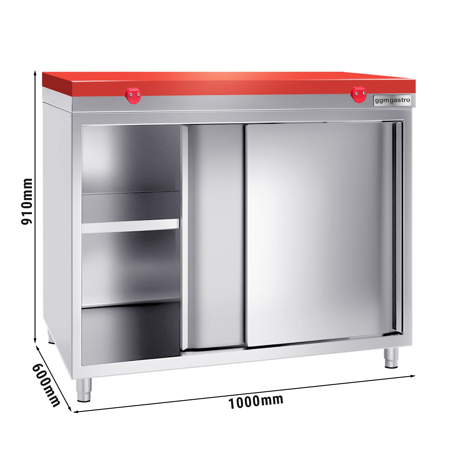 Work cabinet in stainless steel PREMIUM - 1.0 m - with sliding door - incl. cutting board in red