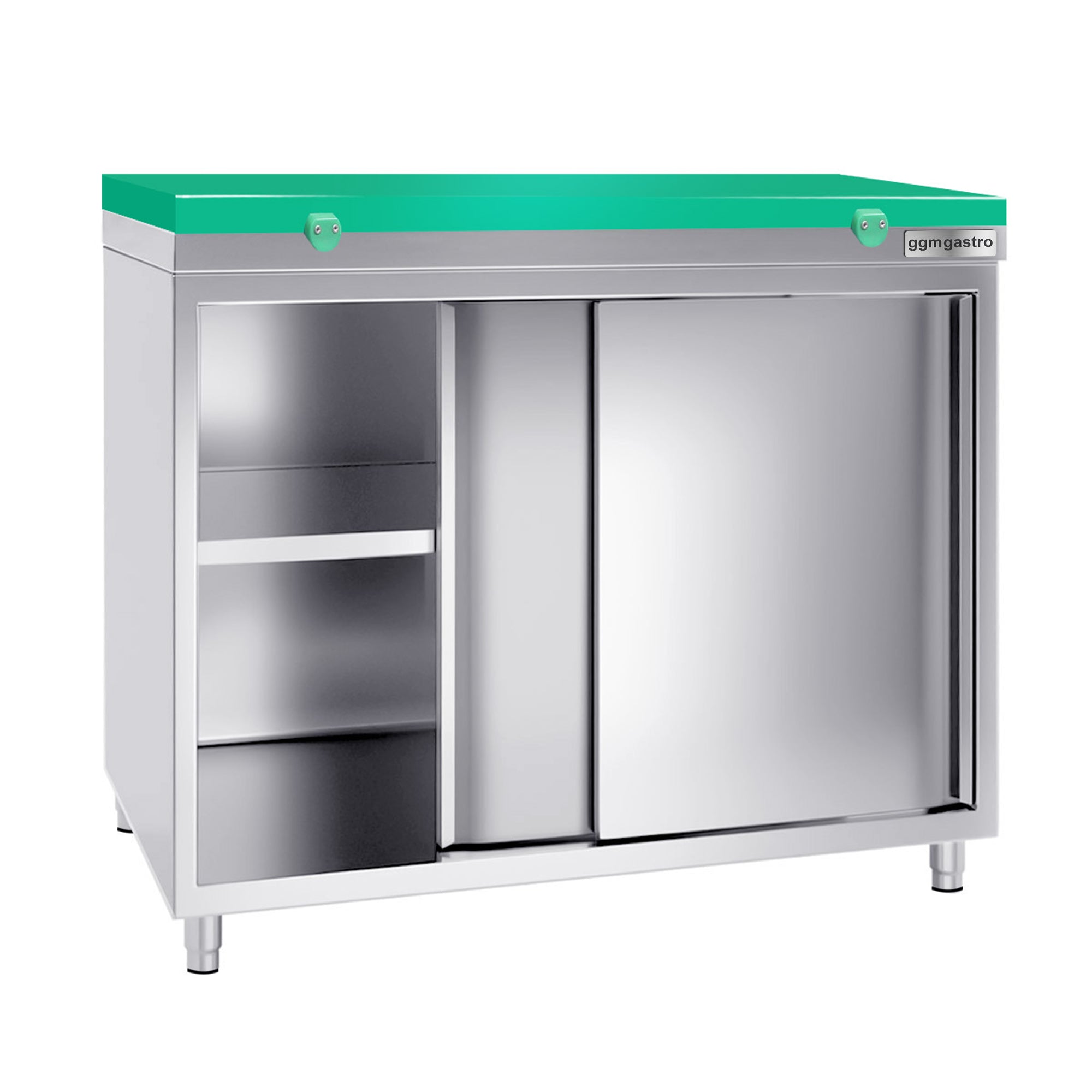 Работен шкаф от неръждаема стомана - 1,0 м - с плъзгаща се врата - включително дъска за рязане в зелено
