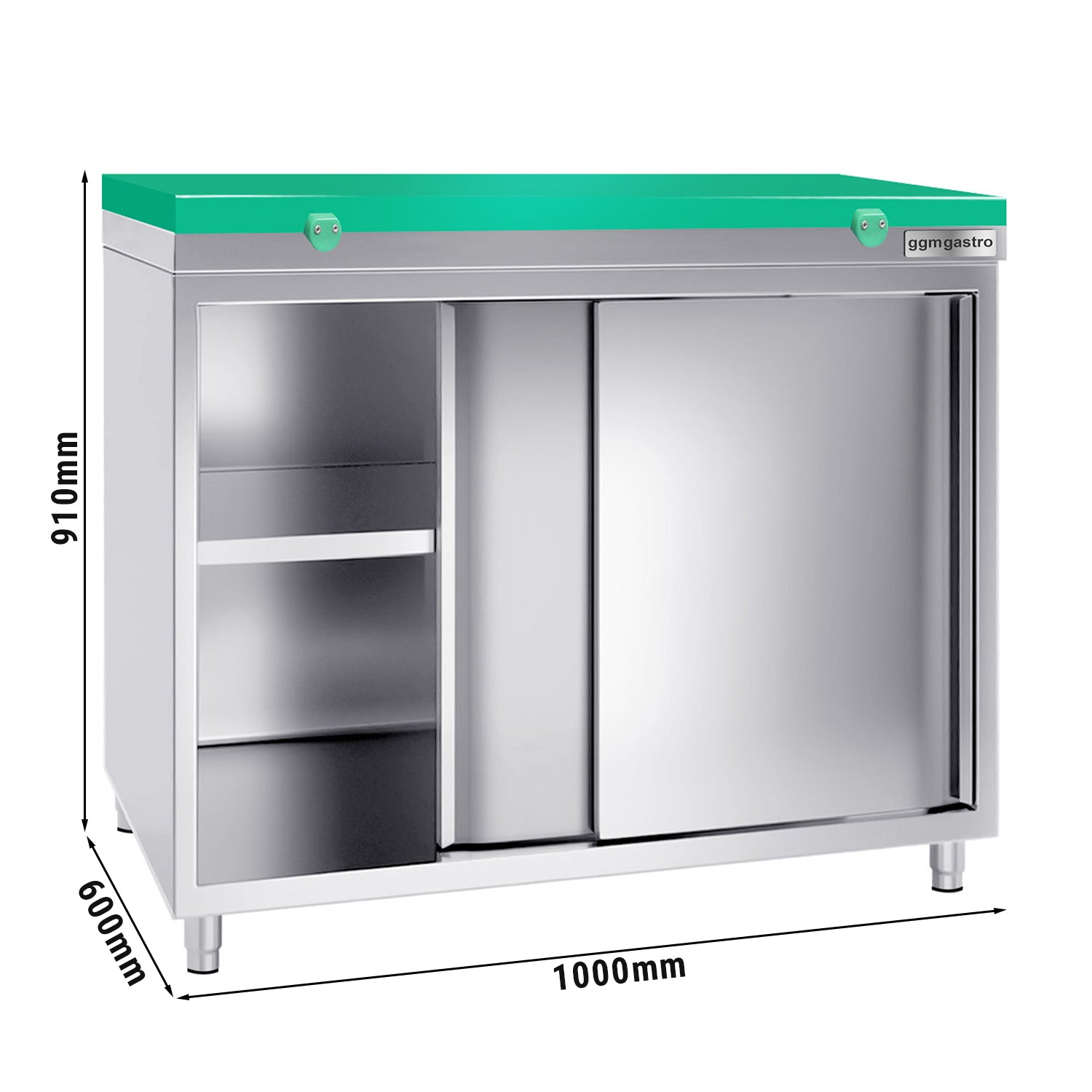 Работен шкаф от неръждаема стомана PREMIUM - 1,0 м - с плъзгаща се врата - включително дъска за рязане в зелено