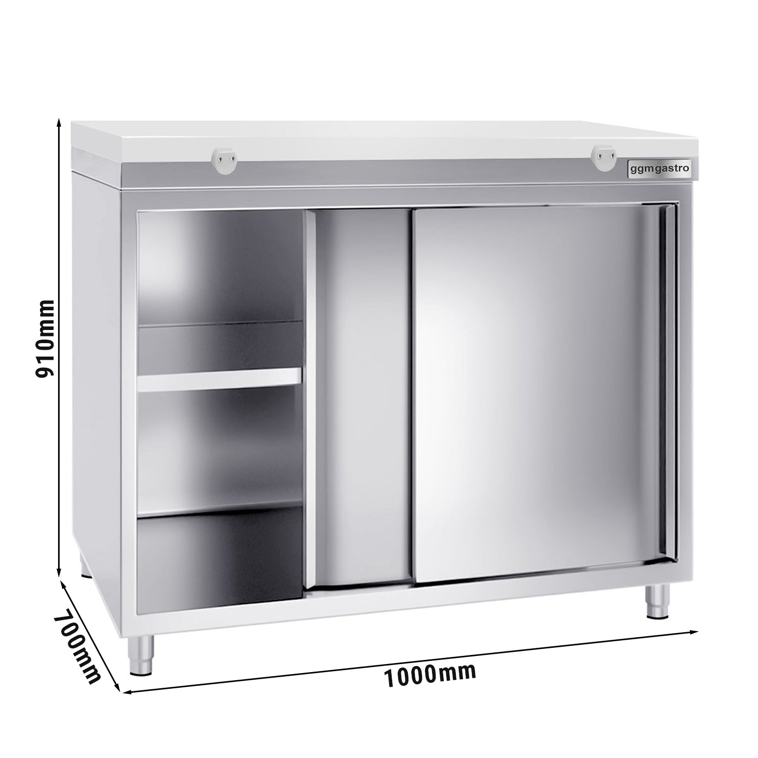 Работен шкаф от неръждаема стомана PREMIUM - 1,0 м - с плъзгаща се врата - вкл. дъска за рязане в бяло
