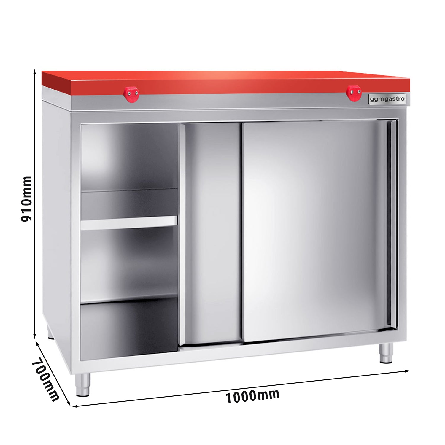 Работен шкаф от неръждаема стомана PREMIUM - 1,0 м - с плъзгаща се врата - вкл. дъска за рязане в червено