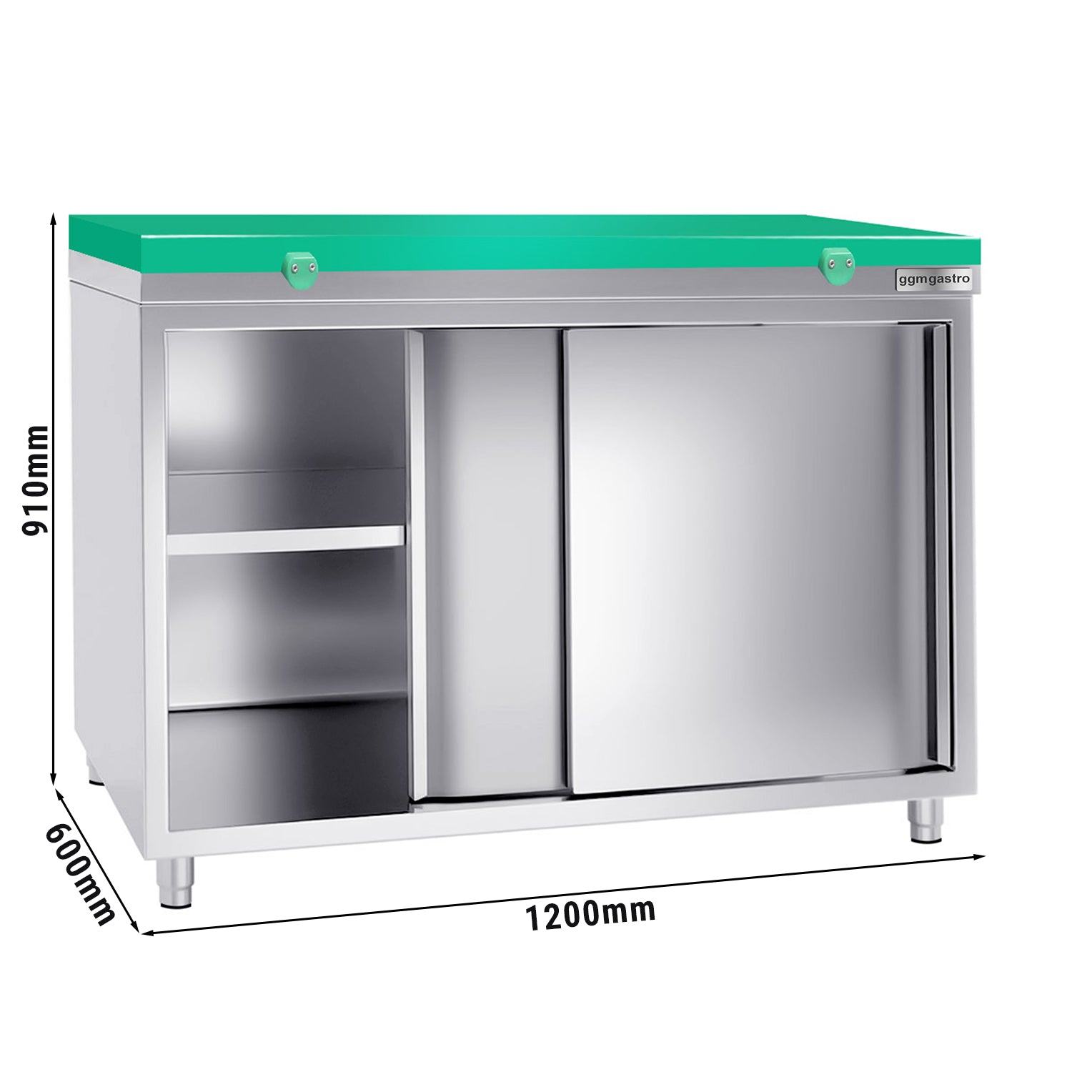 PREMIUM stainless steel work cabinet - 1.2 m - with sliding door - including cutting board in green