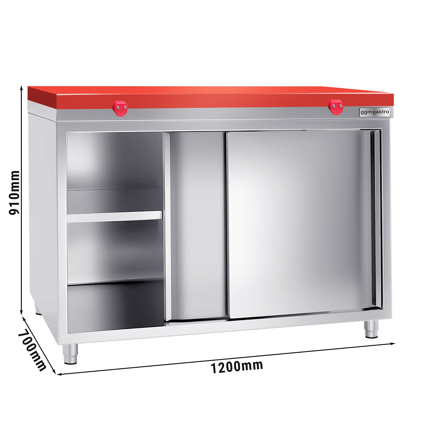 PREMIUM stainless steel work cabinet - 1.2 m - with sliding door - including cutting board in red