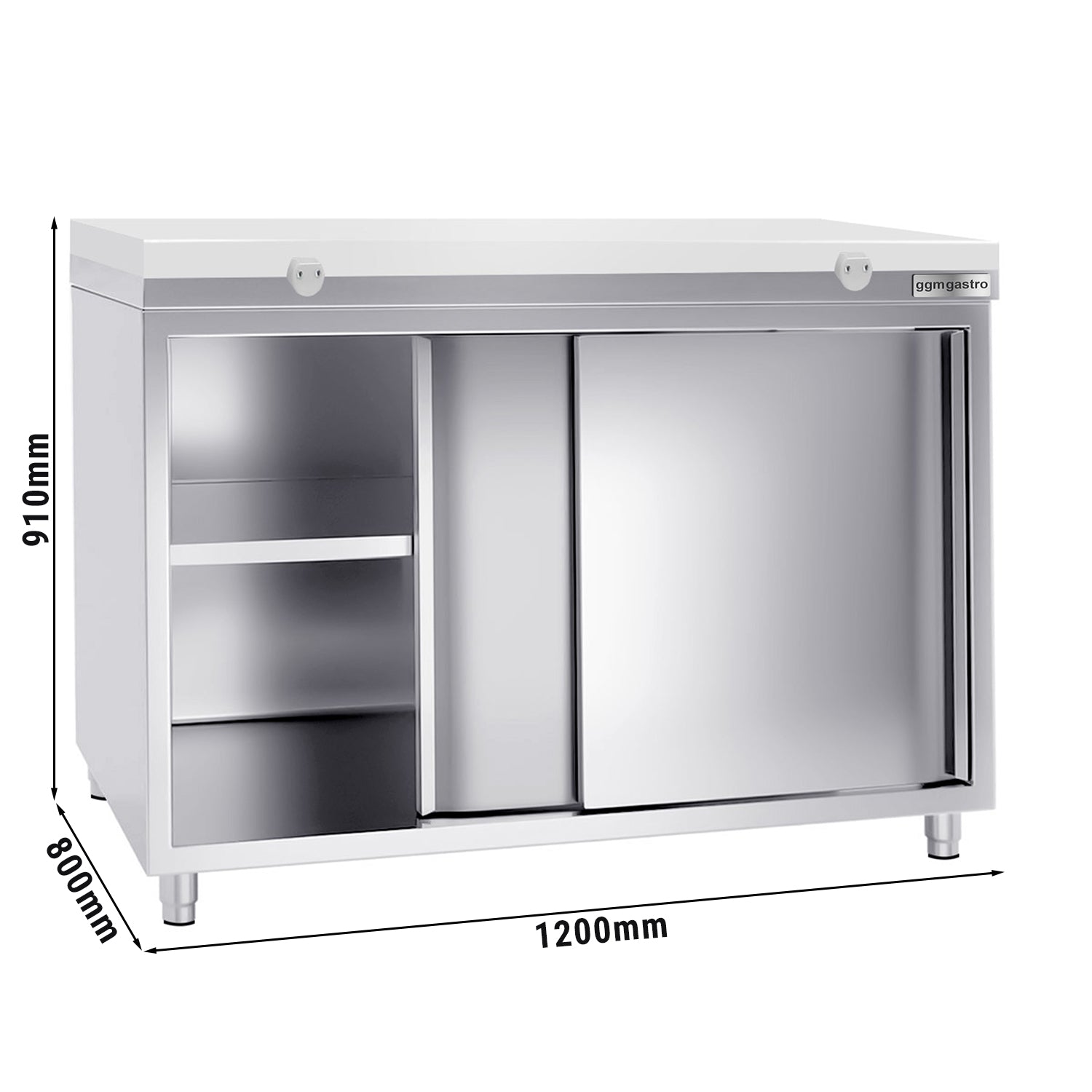 Работен шкаф от неръждаема стомана - 1,2 м - с плъзгаща се врата - включително дъска за рязане в бяло