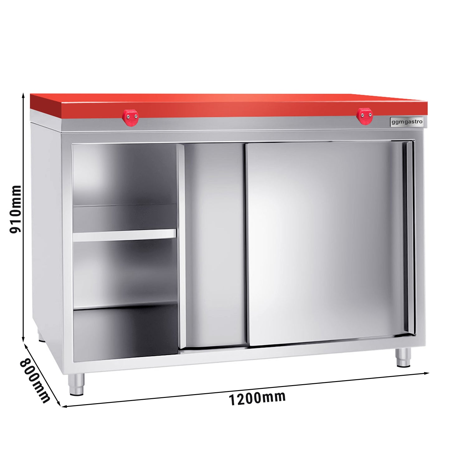 Работен шкаф от неръждаема стомана - 1,2 м - с плъзгаща се врата - включително дъска за рязане в червено