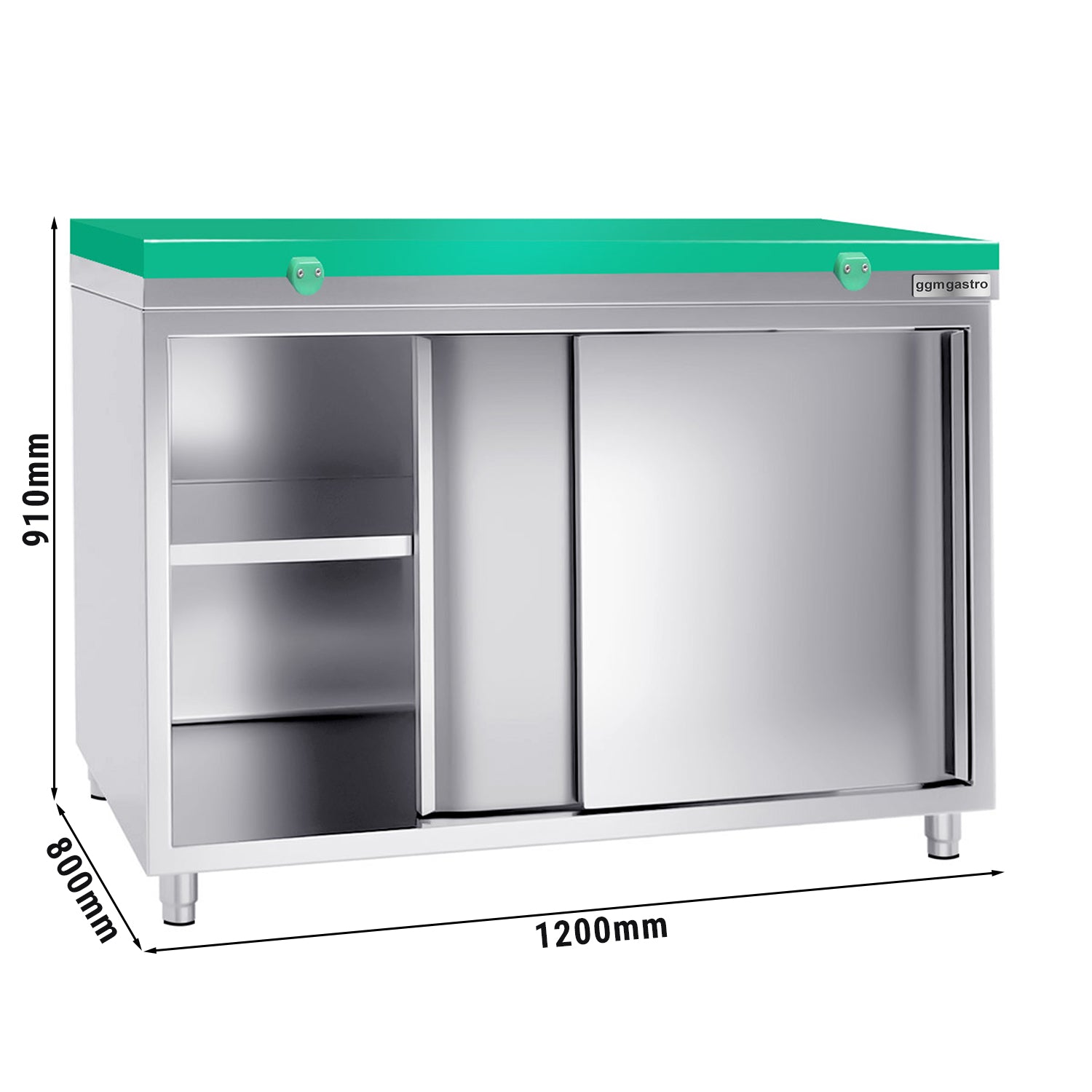 Работен шкаф от неръждаема стомана - 1,2 м - с плъзгаща се врата - включително дъска за рязане в зелено