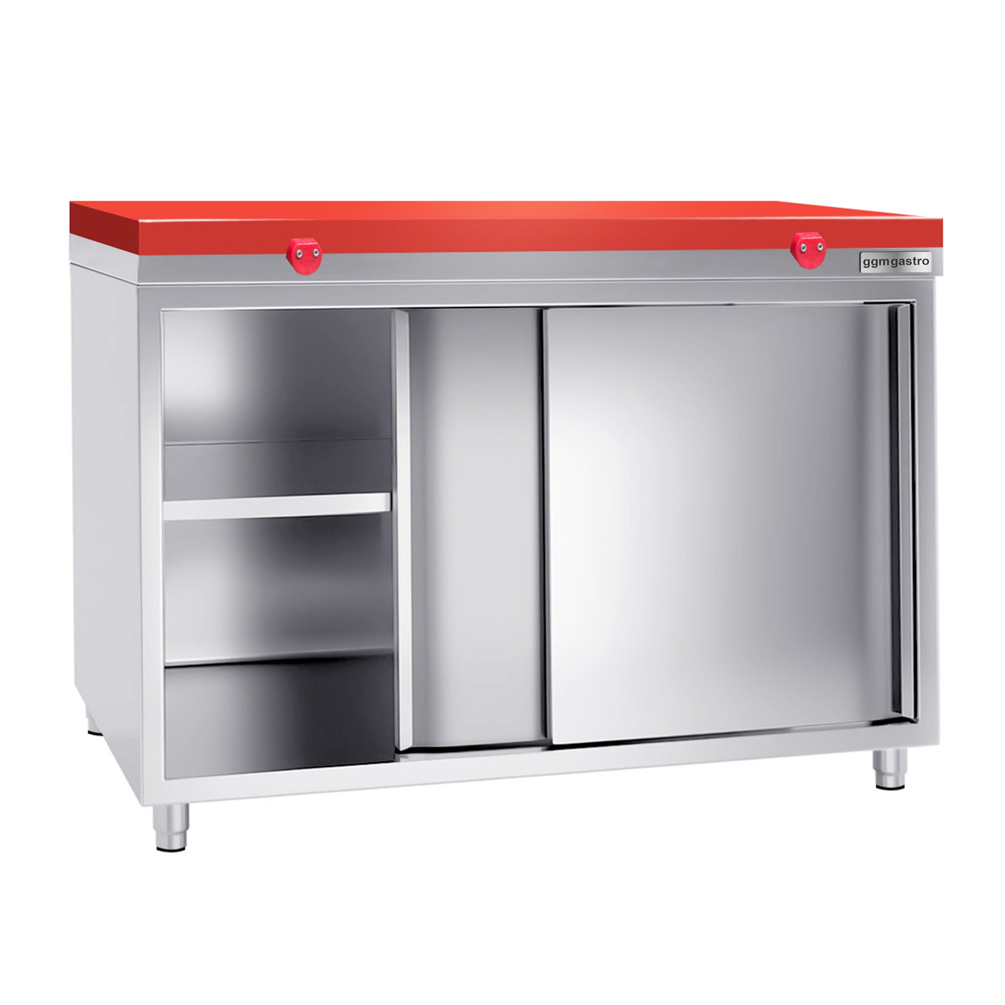 Stainless steel work cabinet - 1.4m - with sliding door - including cutting board in red