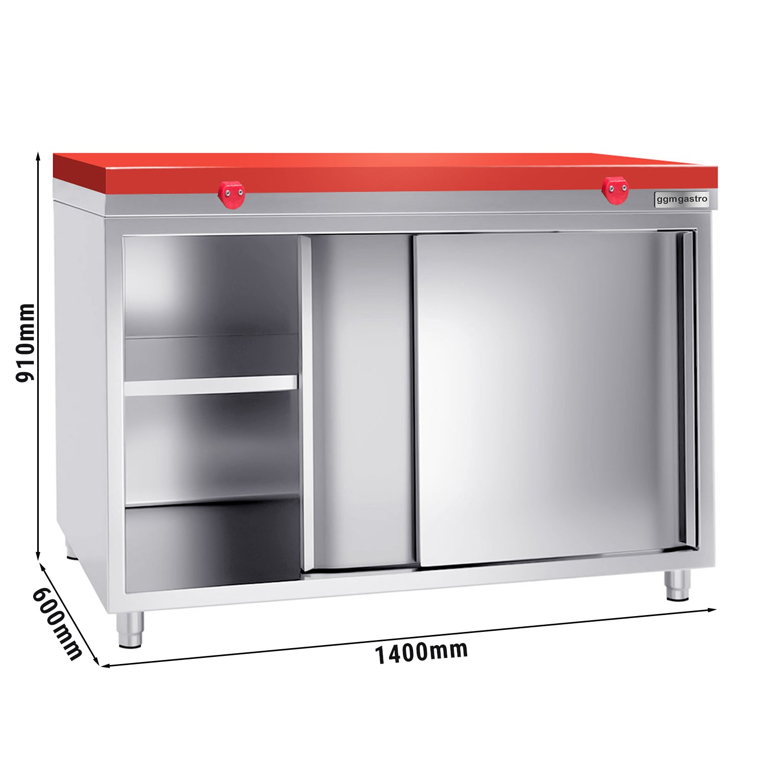 PREMIUM stainless steel work cabinet - 1.4 m - with sliding door - including cutting board in red