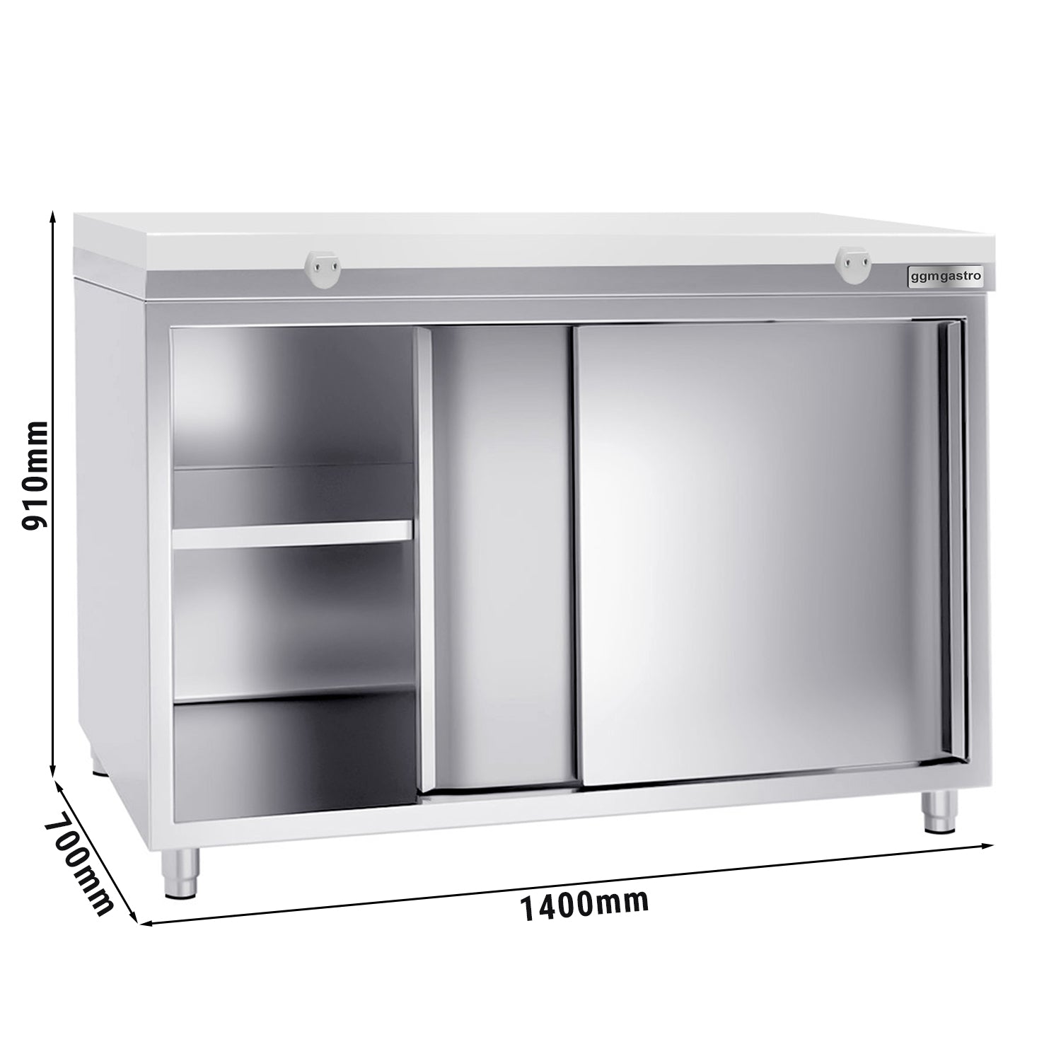 PREMIUM stainless steel work cabinet - 1.4 m - with sliding door - incl. cutting board in white