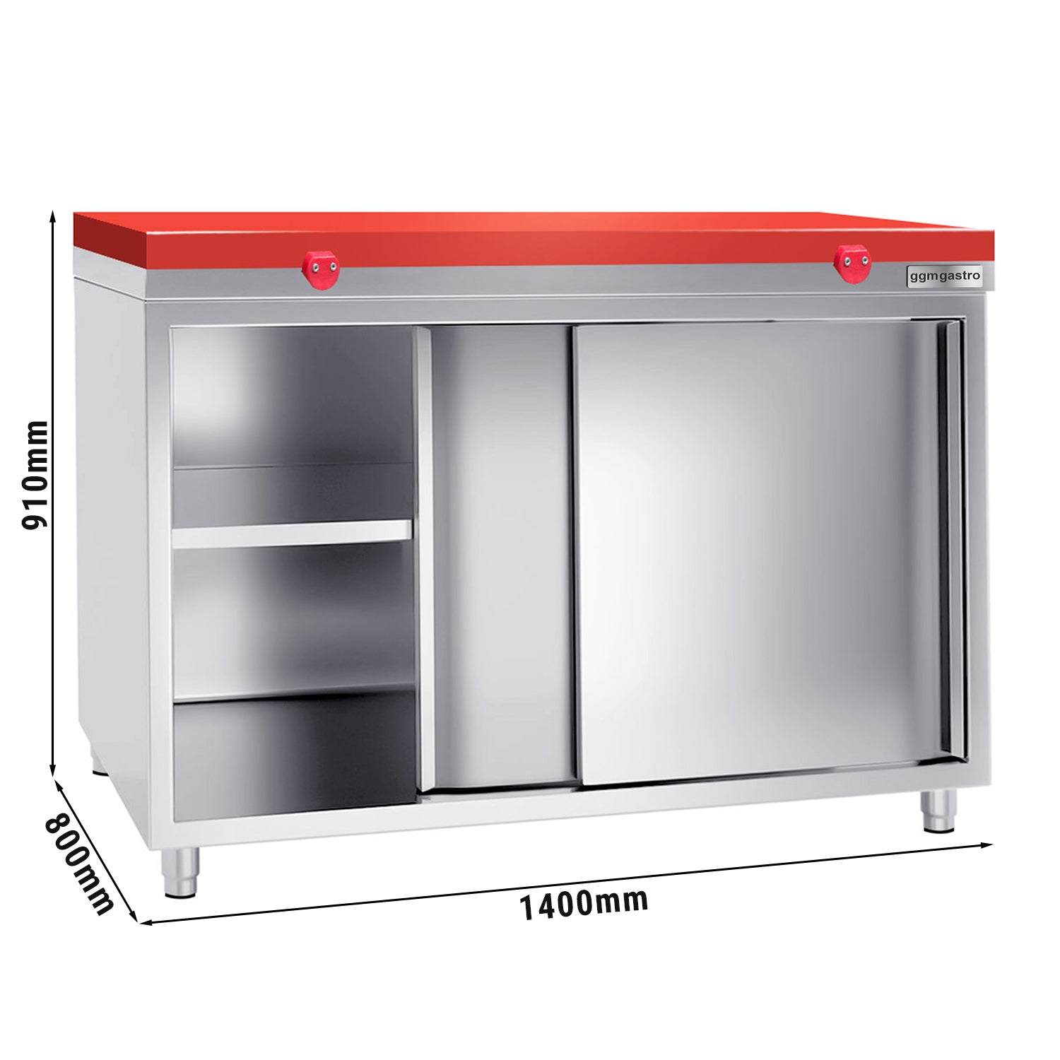 Работен шкаф от неръждаема стомана - 1,4 м - с плъзгаща се врата - включително дъска за рязане в червено