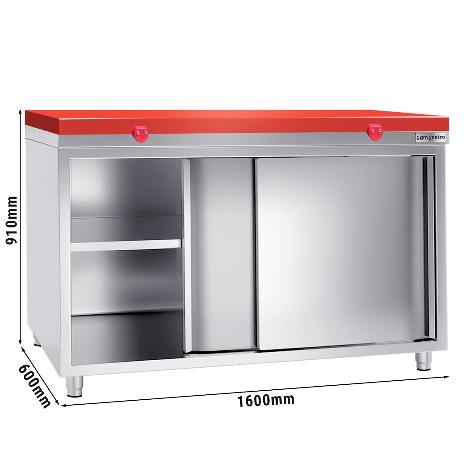 PREMIUM stainless steel work cabinet - 1.6 m - with sliding door - including cutting board in red