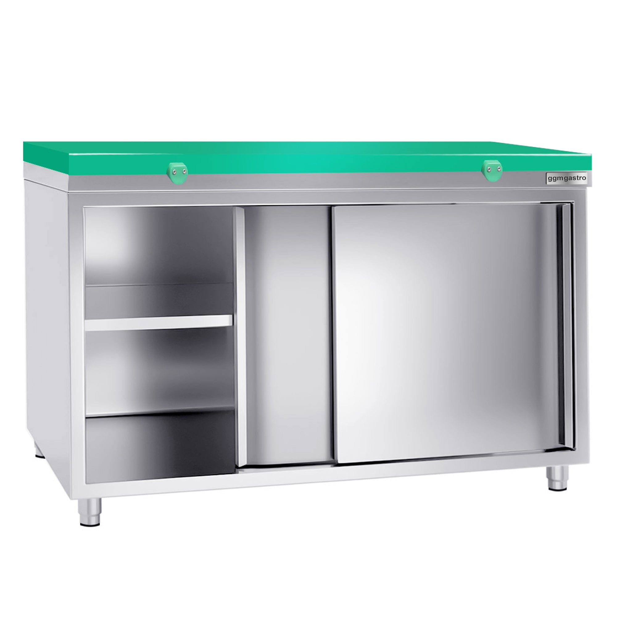 PREMIUM stainless steel work cabinet - 1.6 m - with sliding door - including cutting board in green