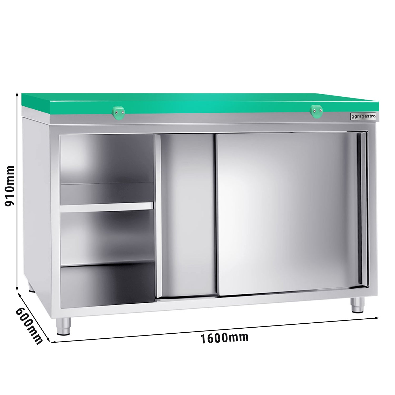 PREMIUM stainless steel work cabinet - 1.6 m - with sliding door - including cutting board in green