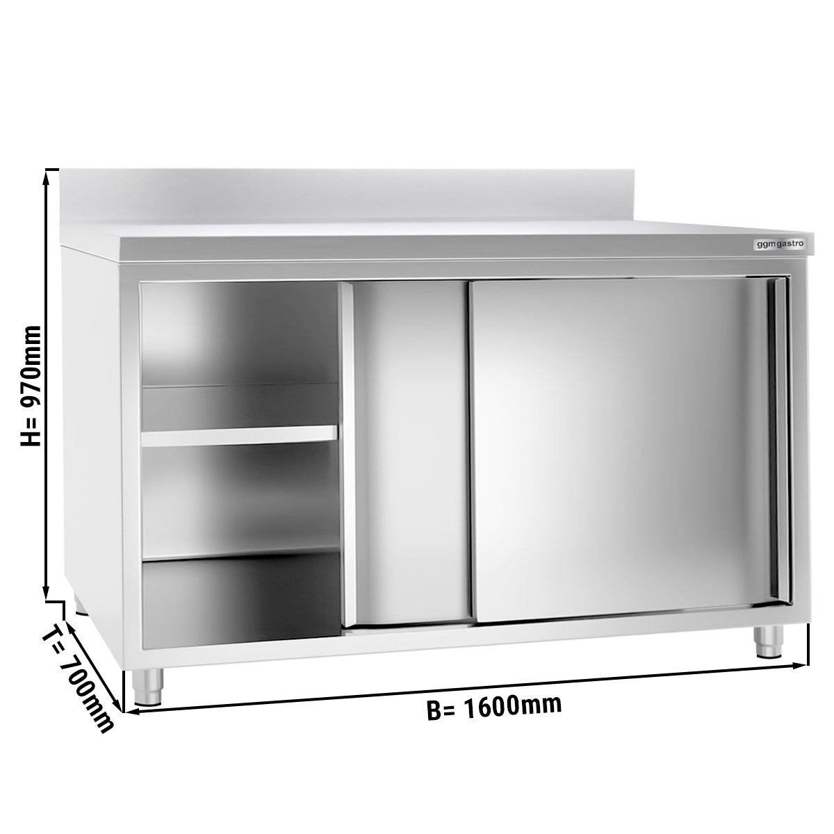 Work cabinet in stainless steel ECO - 1.6 m - with sliding door and back