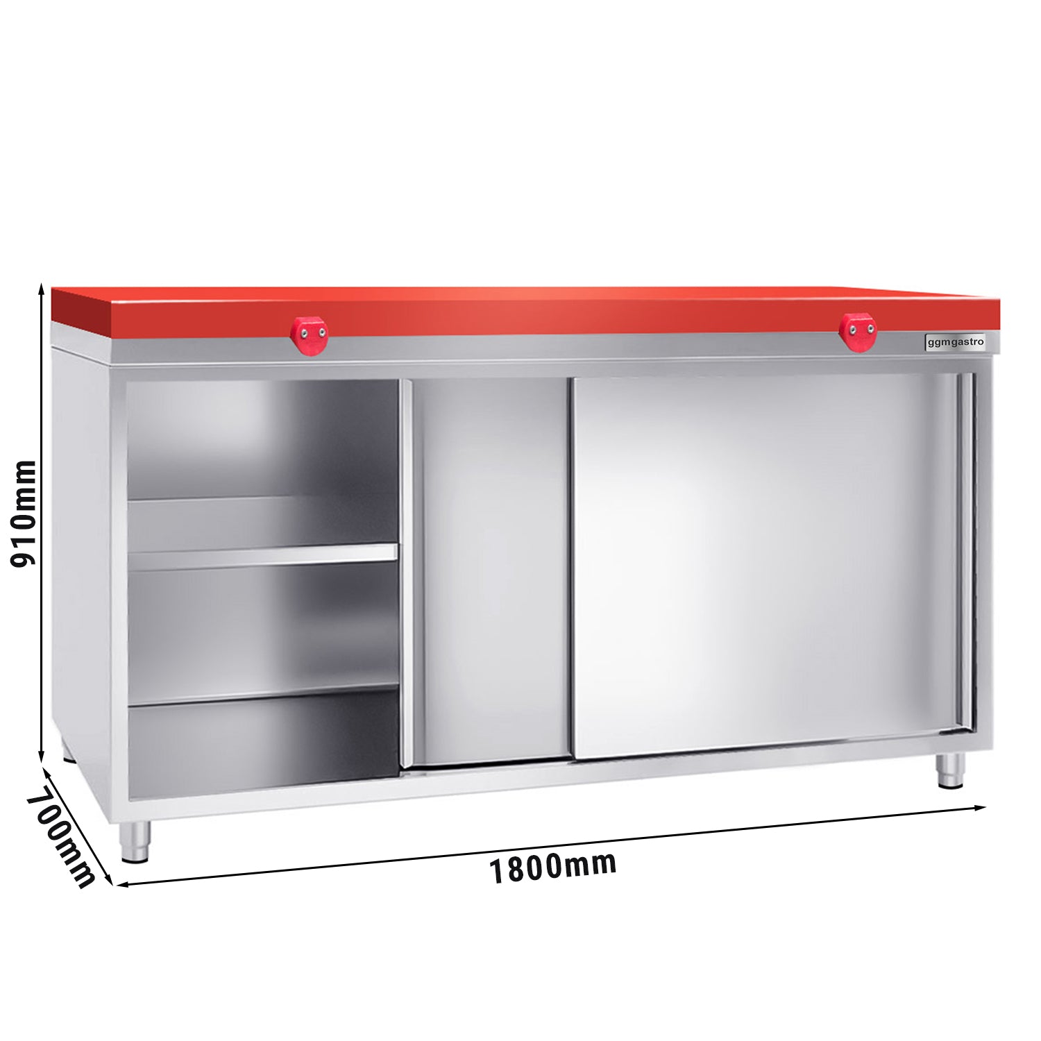 PREMIUM stainless steel work cabinet - 1.6 m - with sliding door - including cutting board in red