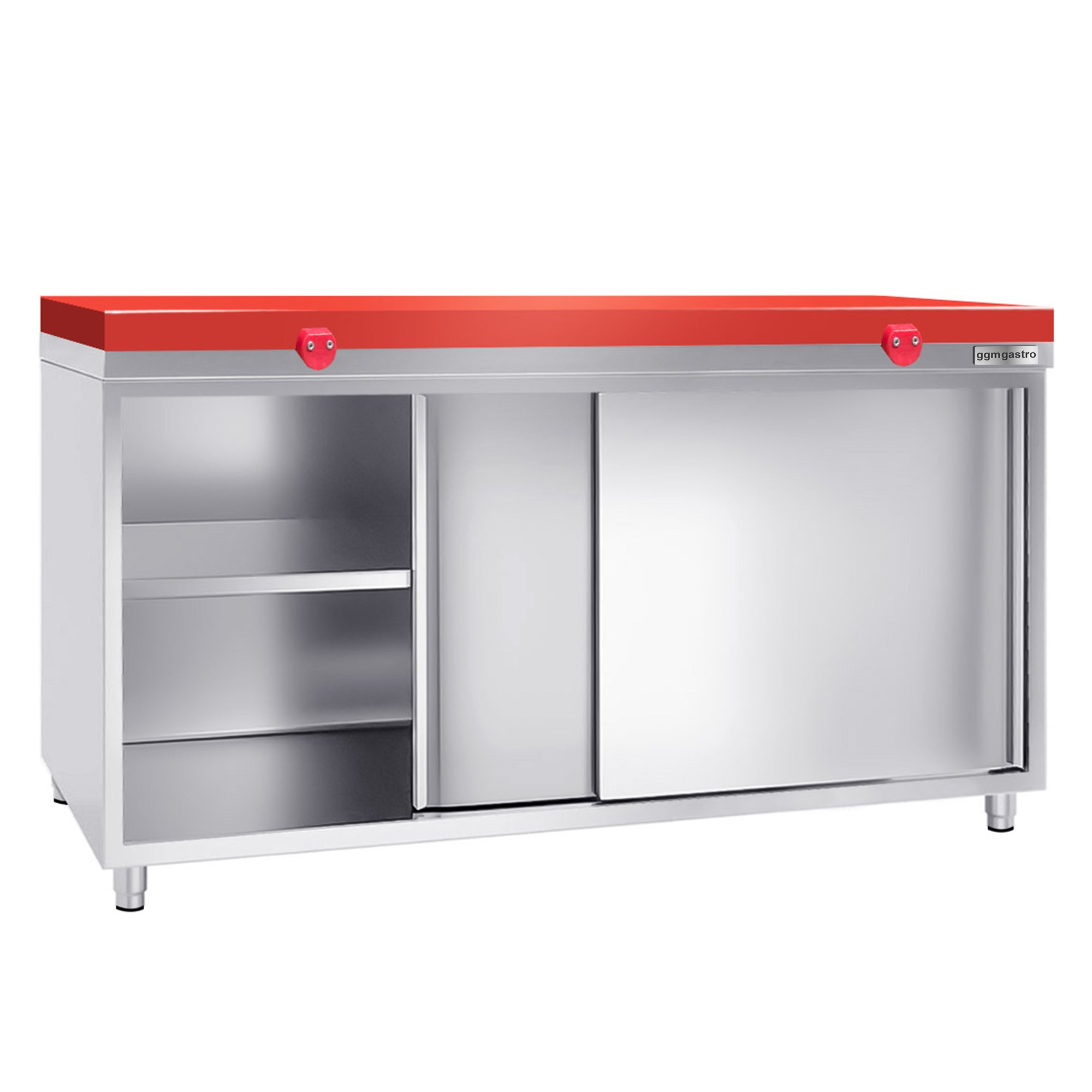 Work cabinet in stainless steel PREMIUM - 2.0 m - with sliding door - incl. cutting board in red