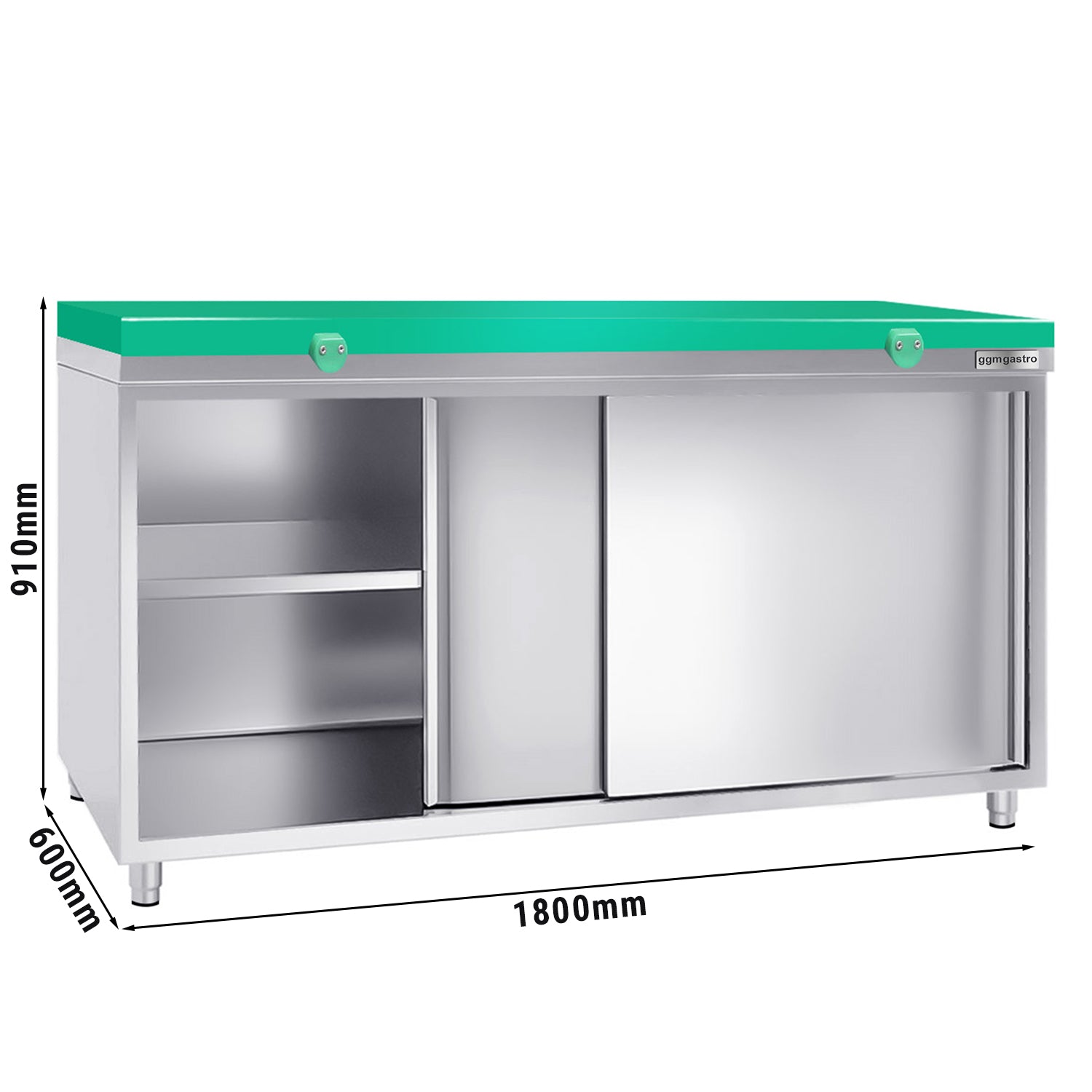 PREMIUM stainless steel work cabinet - 1.8 m - with sliding door - including cutting board in green