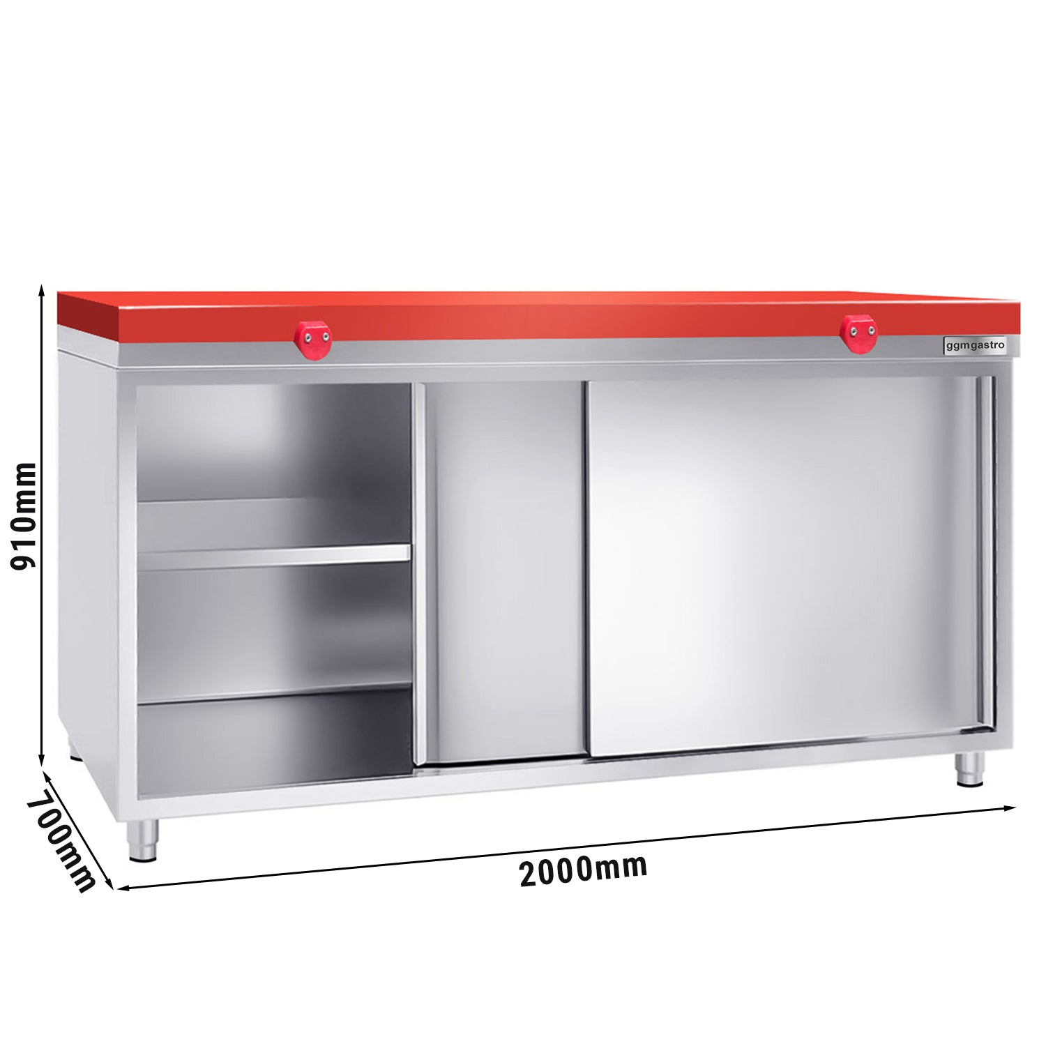 Work cabinet in stainless steel PREMIUM - 2.0 m - with sliding door - incl. cutting board in red