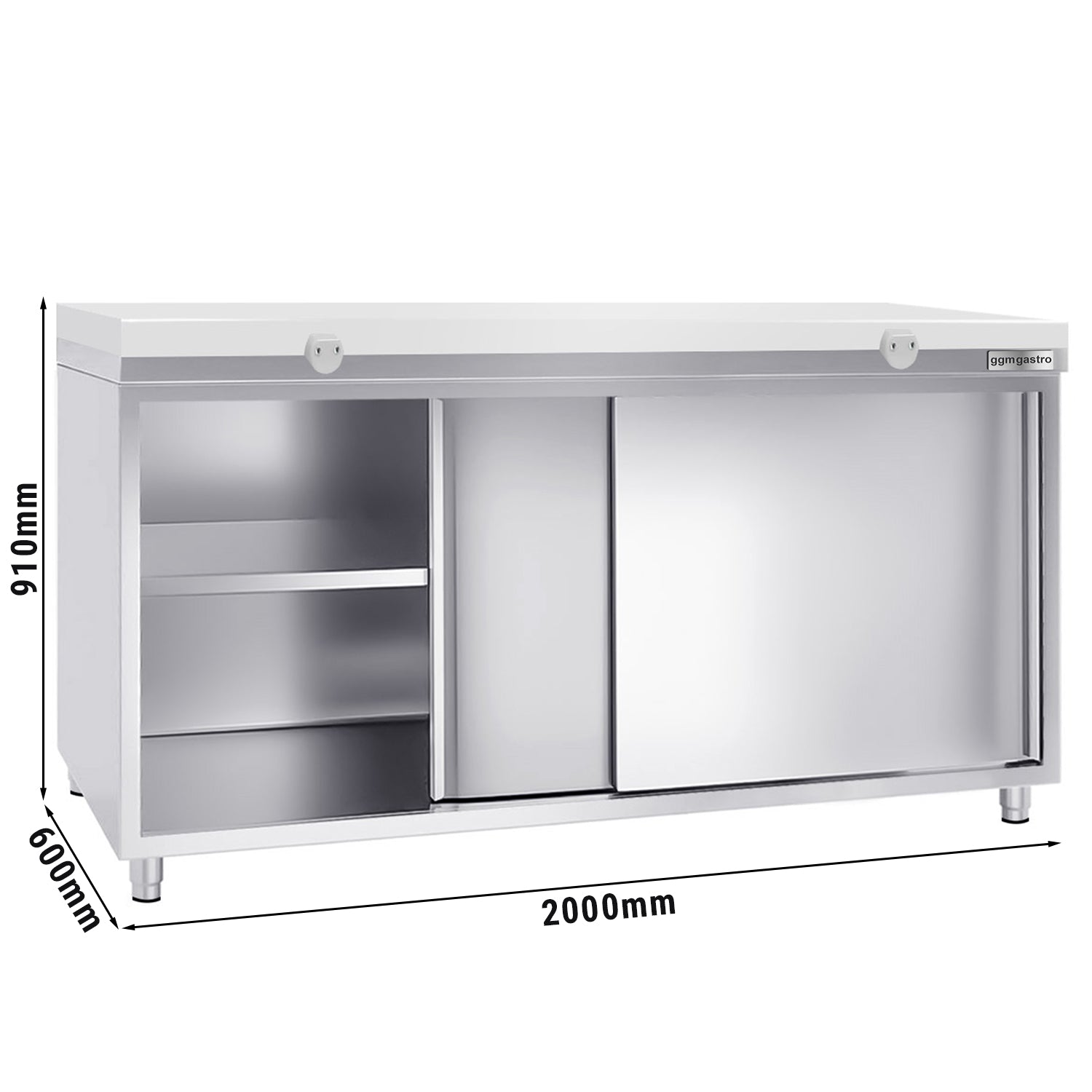 Work cabinet in stainless steel PREMIUM - 2.0 m - with sliding door - incl. cutting board in white