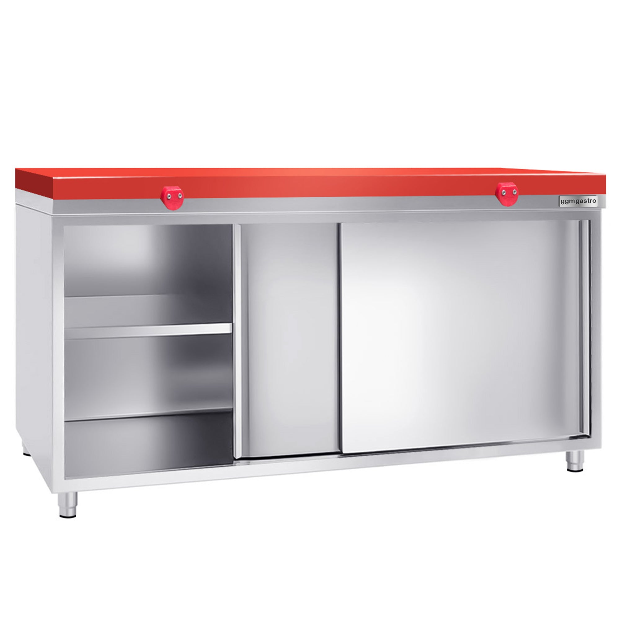 Work cabinet in stainless steel PREMIUM - 2.0 m - with sliding door - incl. cutting board in red