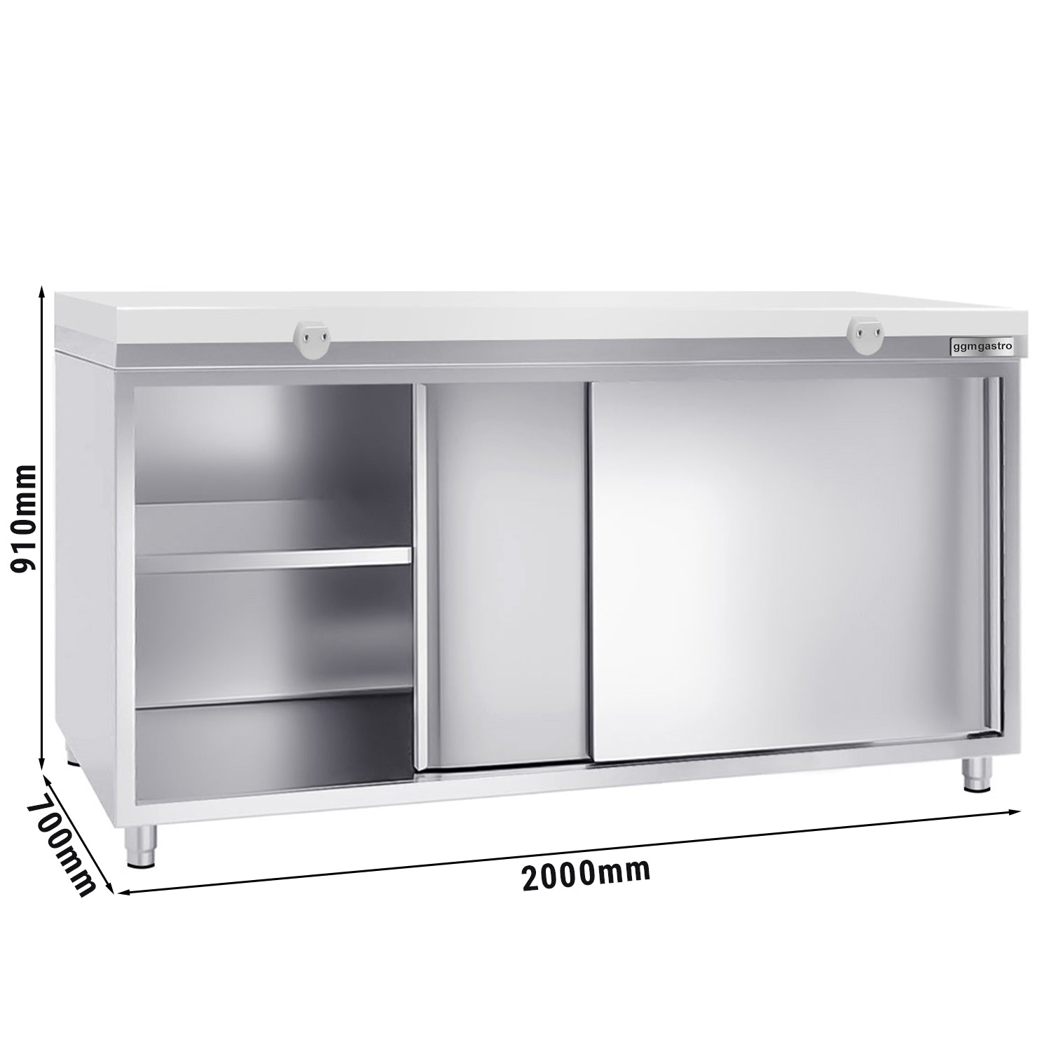 Work cabinet in stainless steel PREMIUM - 2.0 m - with sliding door - incl. cutting board in white