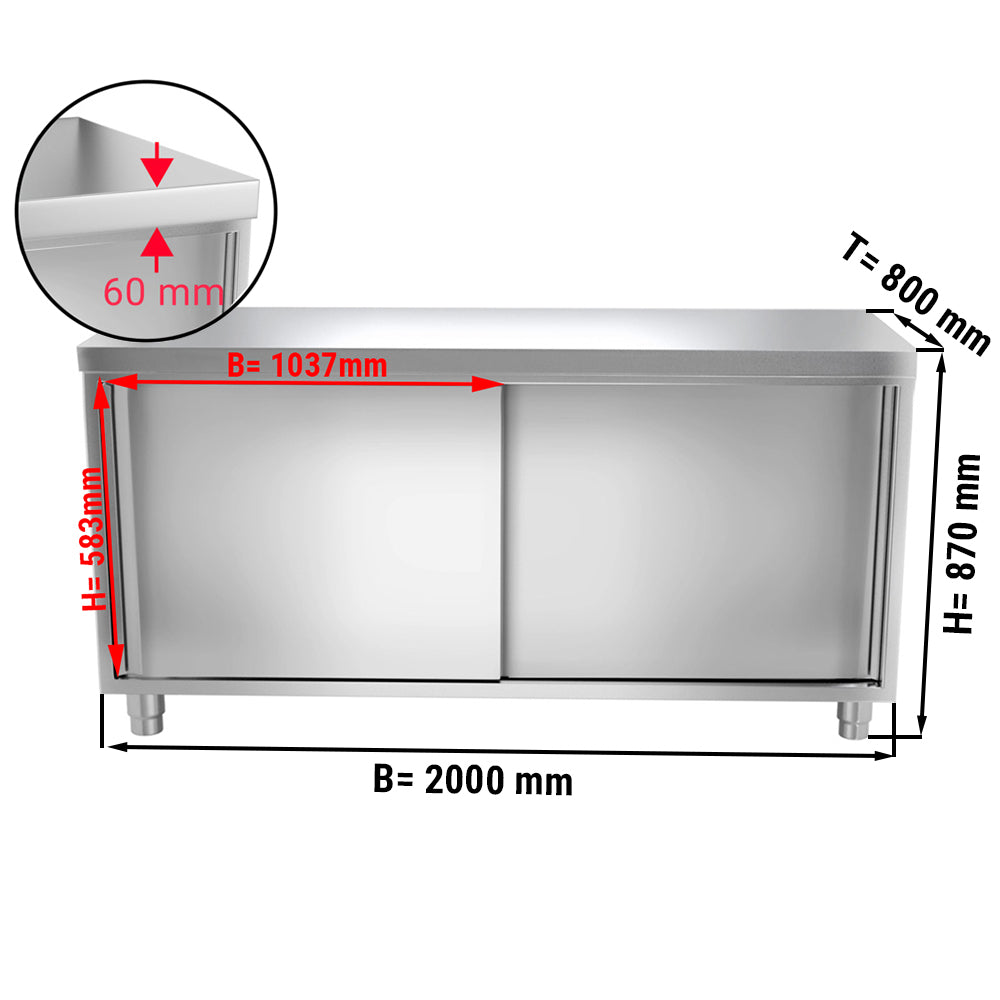 Stainless steel work cabinet - 2.0 m - with sliding door