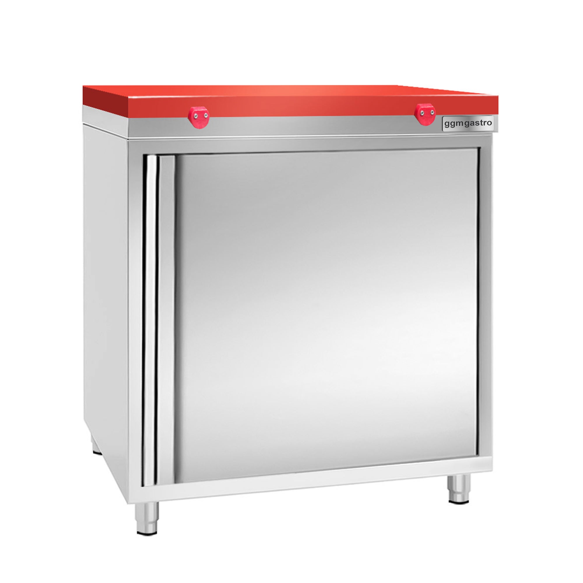 Работен шкаф от неръждаема стомана PREMIUM - 0,6 м - с крилна врата - вкл. дъска за рязане в червено