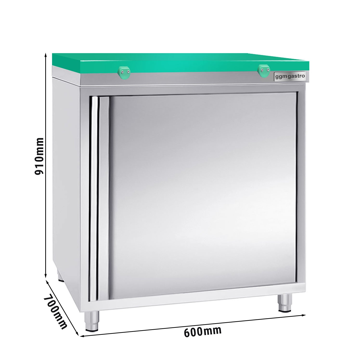 Work cabinet in stainless steel PREMIUM - 0.6 m - with hinged door - including cutting board in green