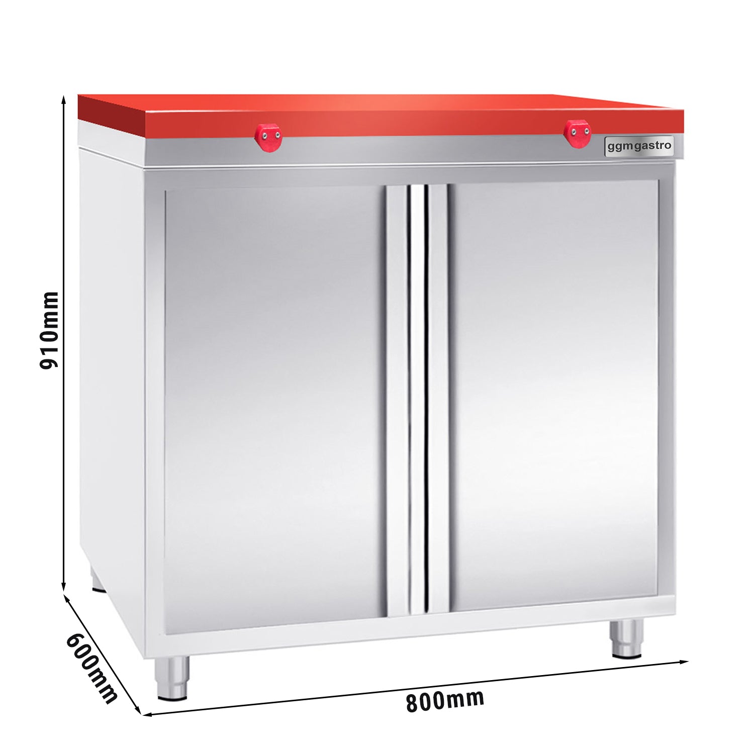 Работен шкаф от неръждаема стомана PREMIUM - 0,8 м - с крилна врата - включително дъска за рязане в червено