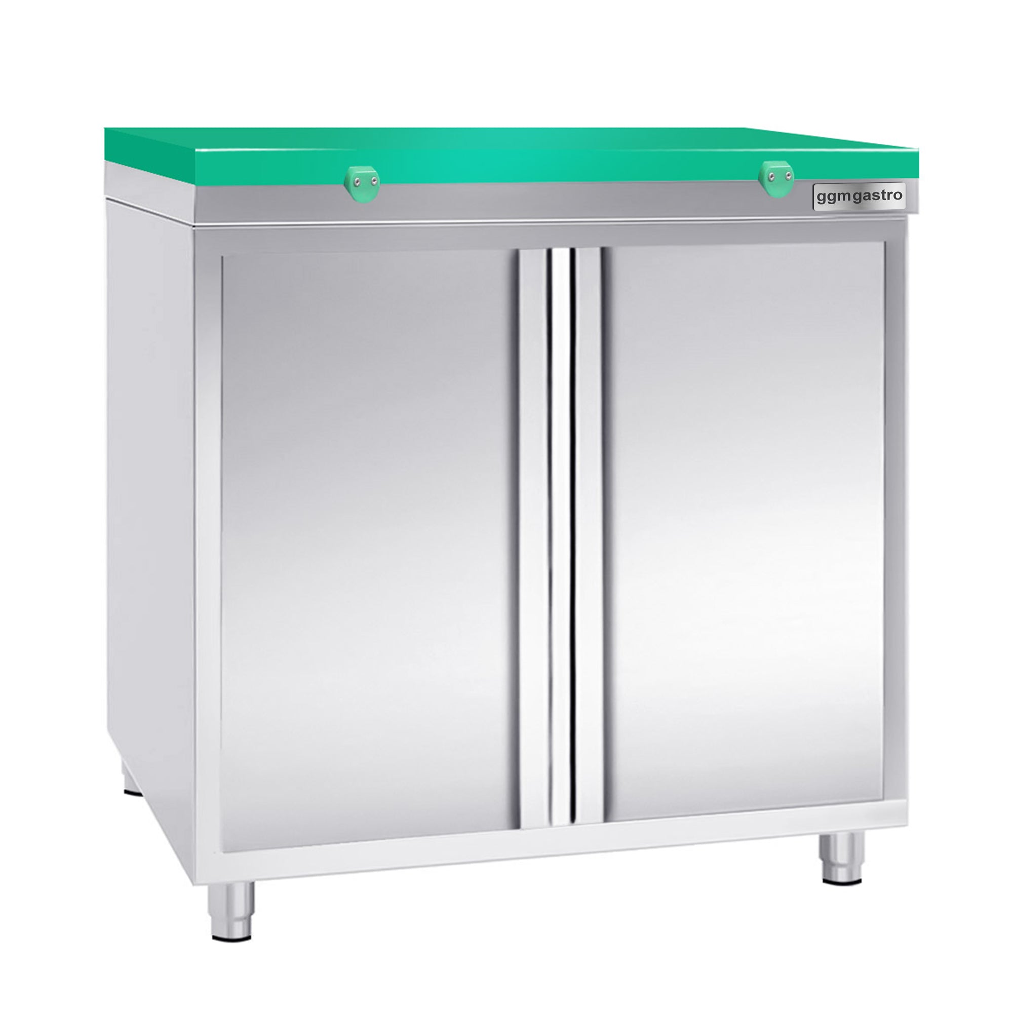 Работен шкаф от неръждаема стомана PREMIUM - 0,8 м - с крилна врата - вкл. дъска за рязане в зелено