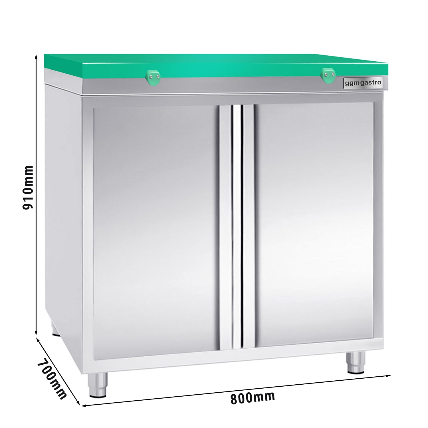 Работен шкаф от неръждаема стомана PREMIUM - 0,8 м - с крилна врата - вкл. дъска за рязане в зелено