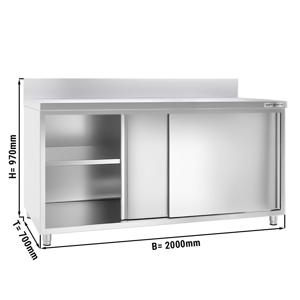 Work cabinet in stainless steel ECO - 2.0 m - with sliding door and back