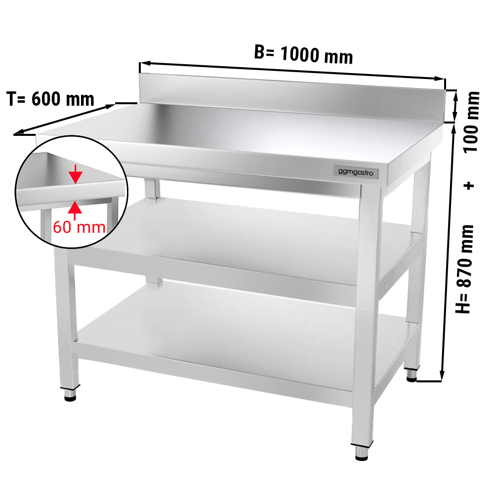 PREMIUM stainless steel work table - 1.0 m - with main shelf, intermediate shelf and stand